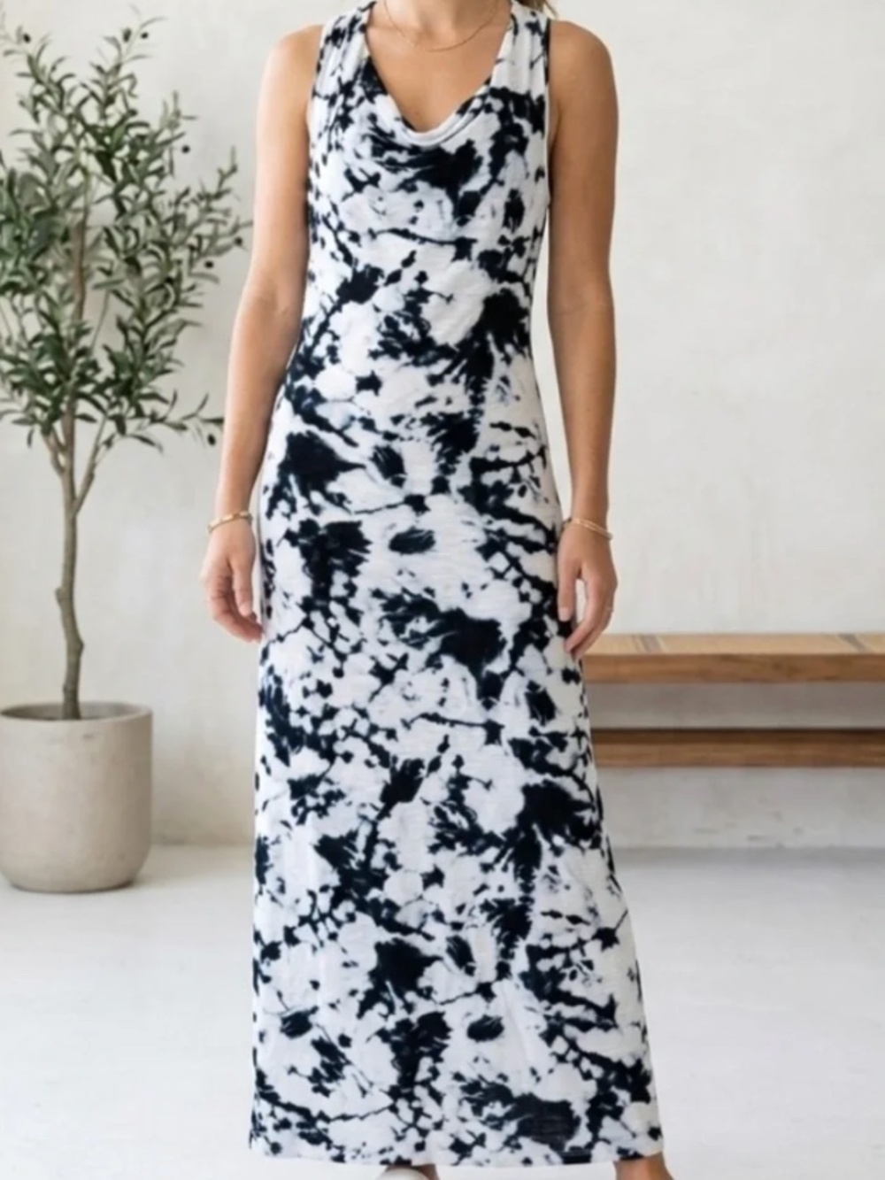 Cynthia Rowley Navy & White Tie-Dye Sleeveless Racerback Cowl Neck Maxi Dress